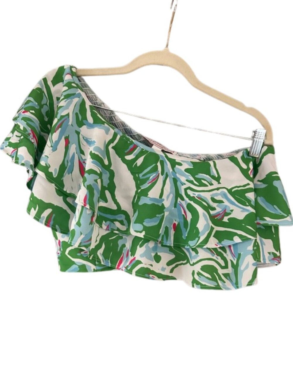 Southern Frock One Shoulder Ruffle Crop Top Green Abstract Print